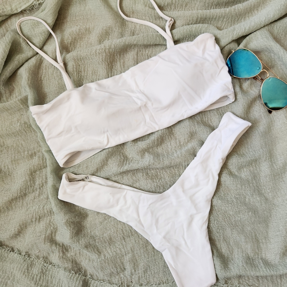 White Bandeau Bikini Thong Set